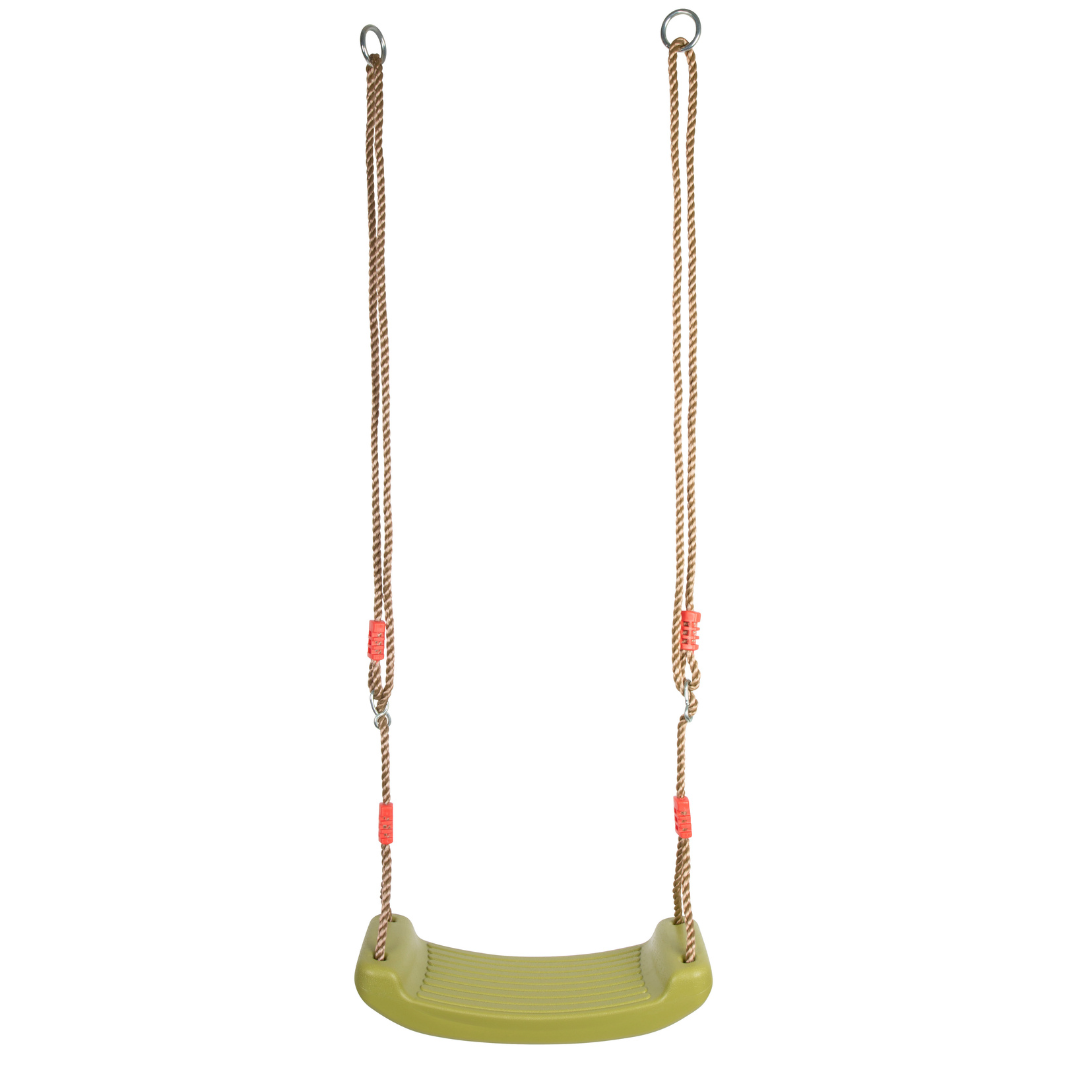 Balanço infantil verde com cordas castanhas e elementos vermelhos
