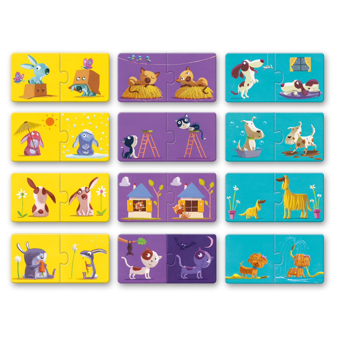 Peças de puzzle em madeira com animais e cenários coloridos