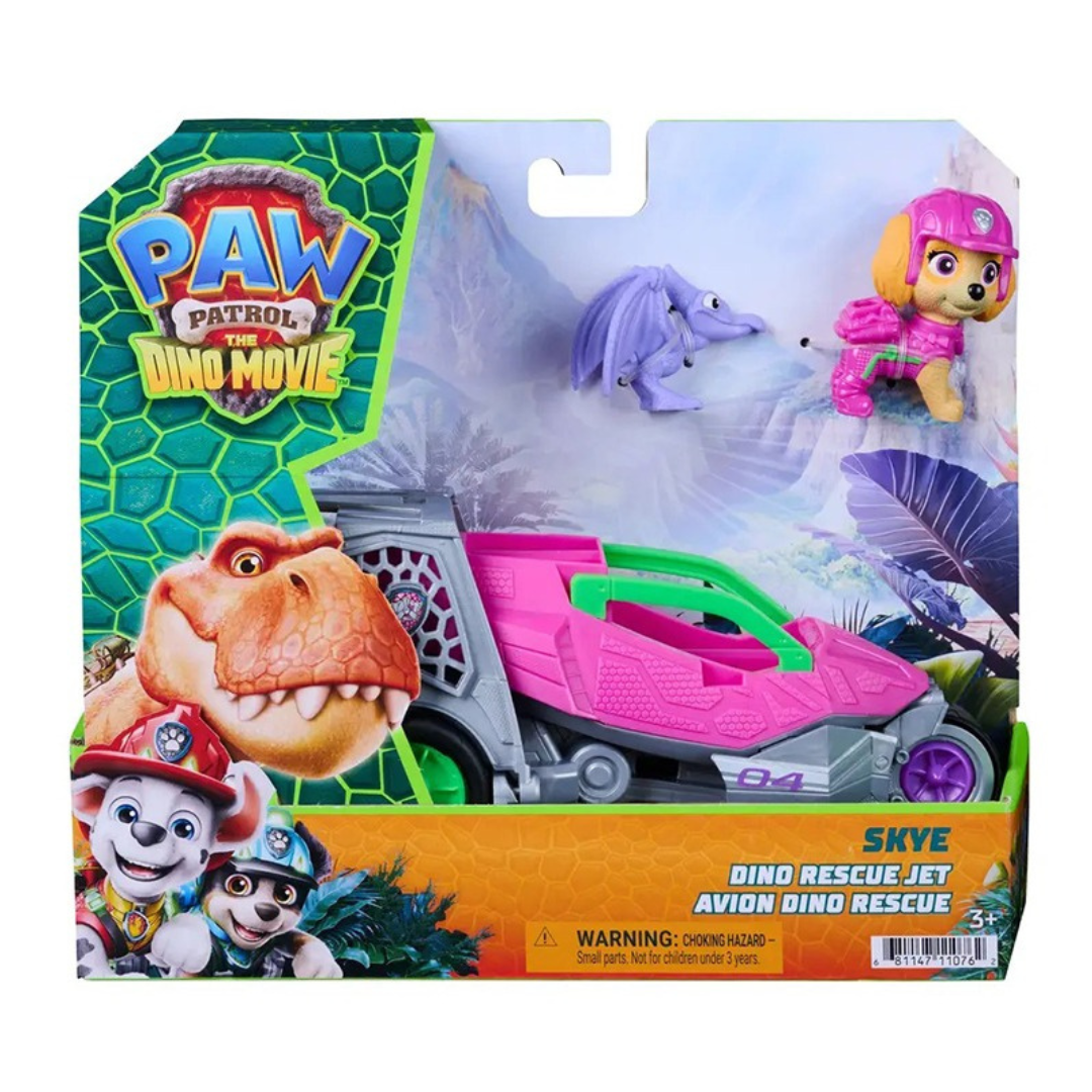 Brinquedo PAW Patrol The Dino Movie Skye com veículo rosa e dinossauro roxo em embalagem colorida
