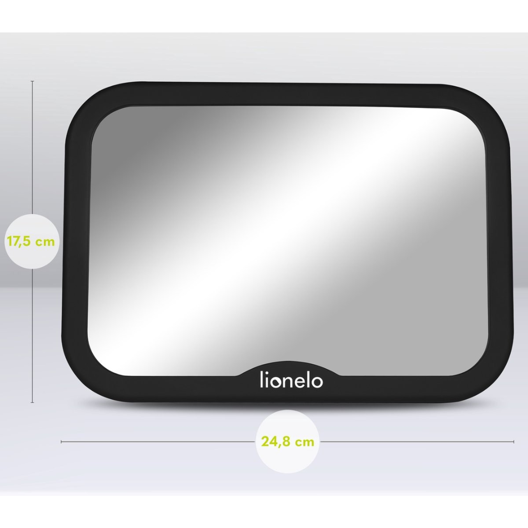 Espelho retangular com moldura preta e marca lionelo
