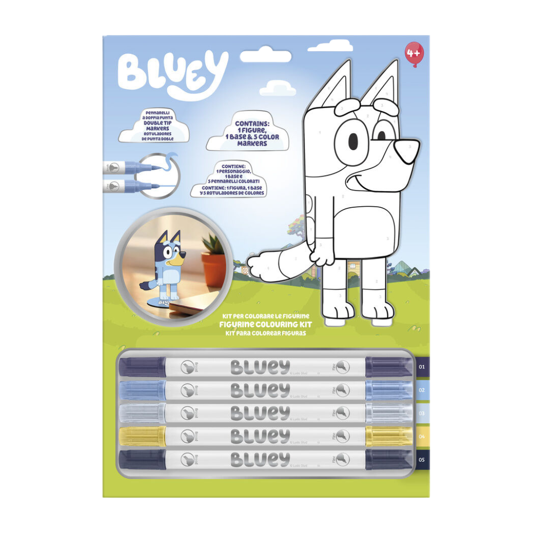 Kit para colorir Bluey com figura e 5 marcadores coloridos em embalagem azul e verde