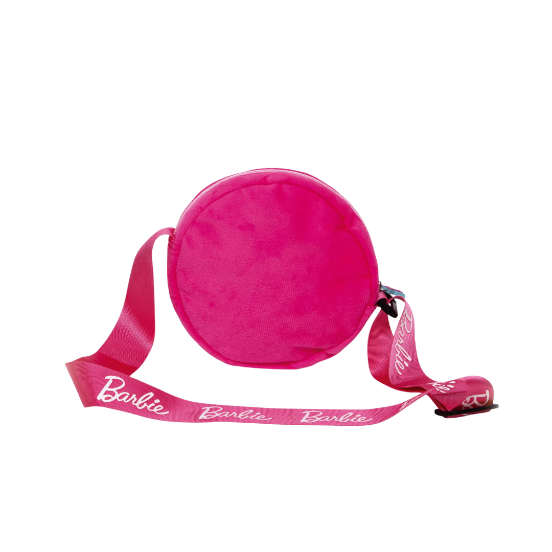 Mala redonda rosa com alça rosa com texto Barbie