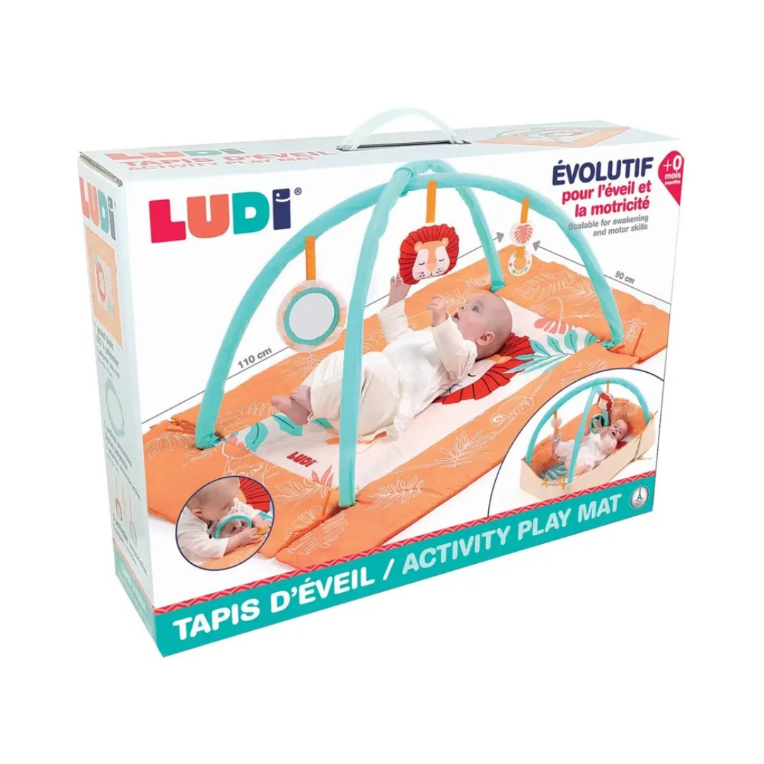 Tapete de atividades para bebé LUDI com almofada laranja e arco azul claro