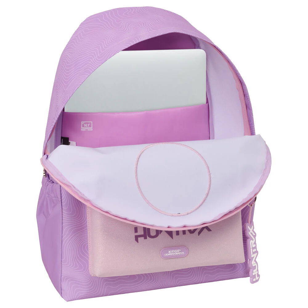 Mochila rosa e lilás com bolso frontal e compartimento para portátil