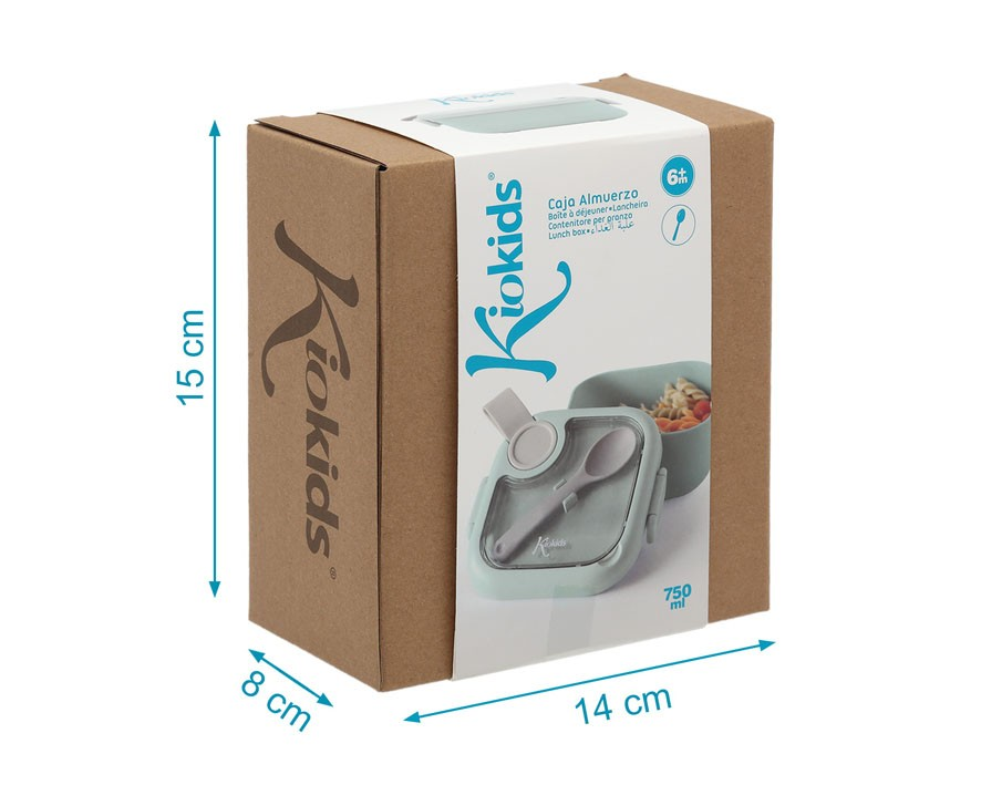 Caixa de almoço azul claro para criança com talheres, embalagem de cartão da marca Kiokids.