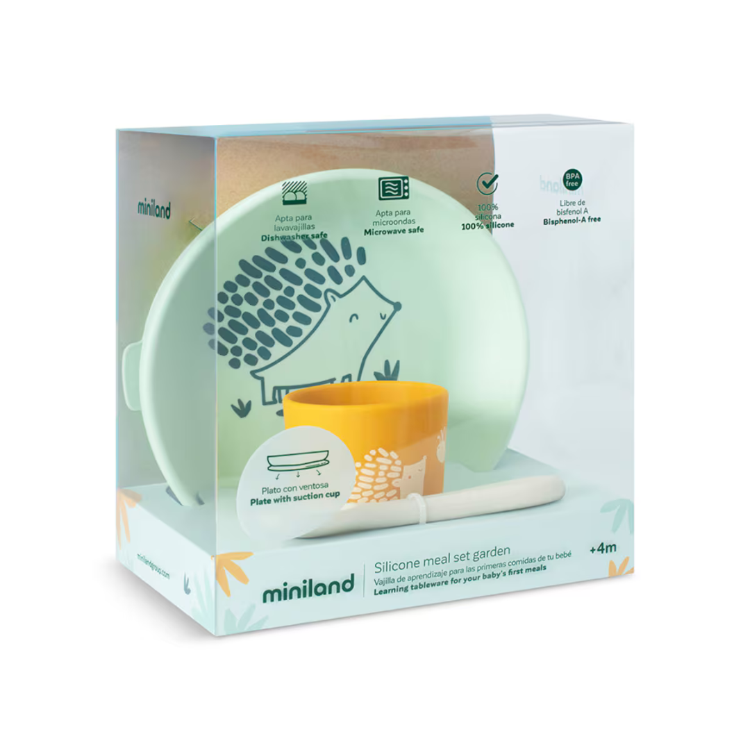 Conjunto de refeição de silicone infantil Miniland com prato verde e copo amarelo em caixa