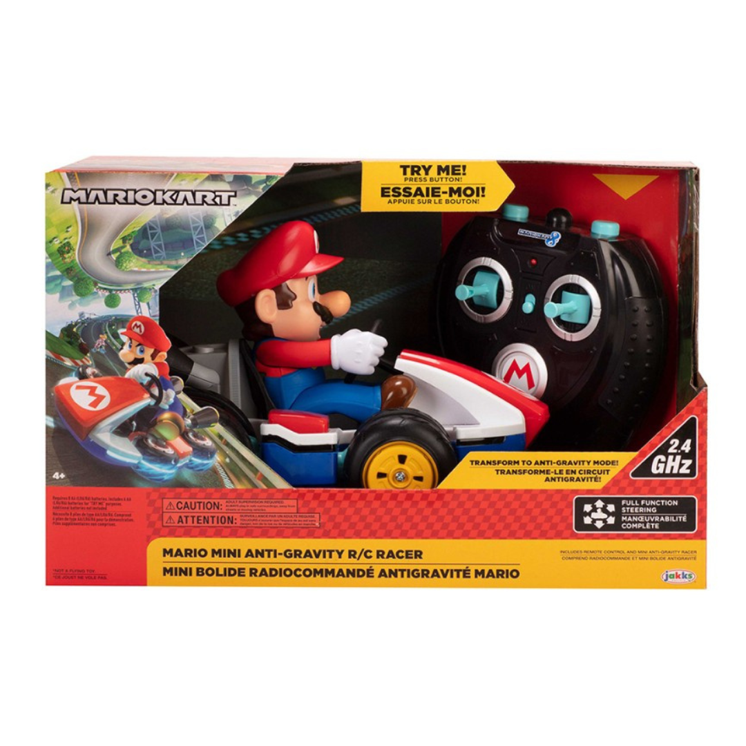 Brinquedo Mario Kart com personagem Mario num kart e comando remoto em embalagem colorida.