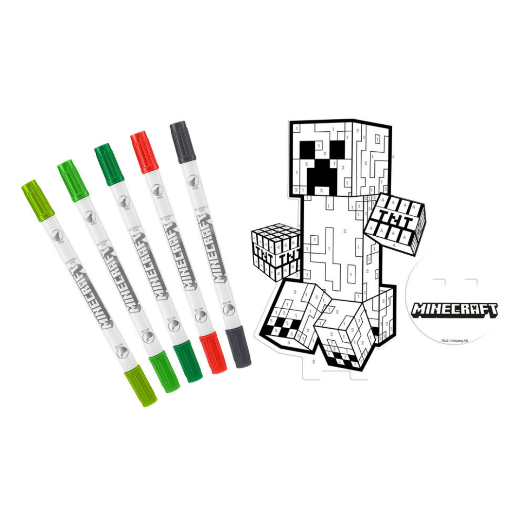 Marcadores coloridos com desenho numerado de personagem Minecraft para colorir