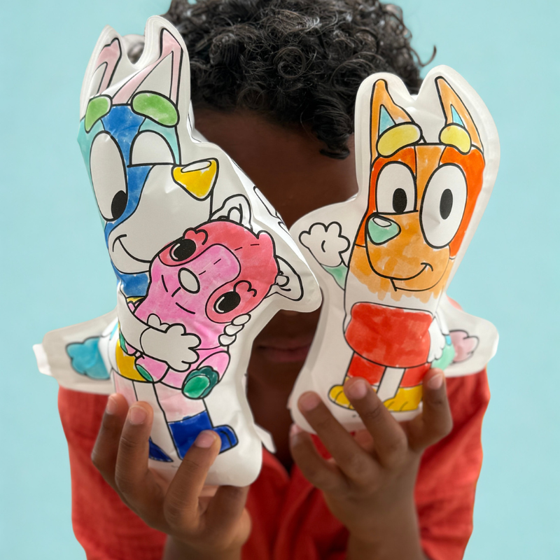 Duas almofadas infantis coloridas com personagens de desenho animado em fundo azul claro