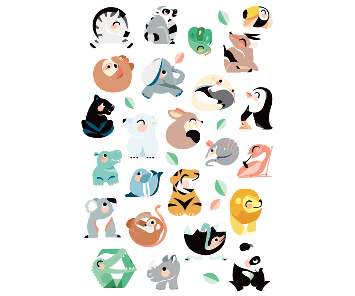 Ícones coloridos de vários animais em estilo cartoon dispostos em filas com folhas verdes