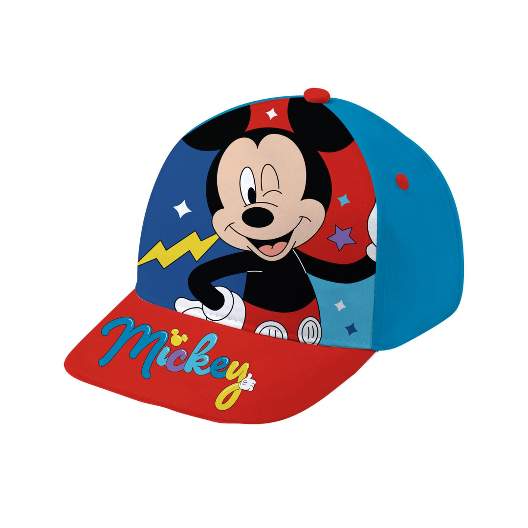 Boné infantil azul com pala vermelha e estampa de Mickey Mouse colorido
