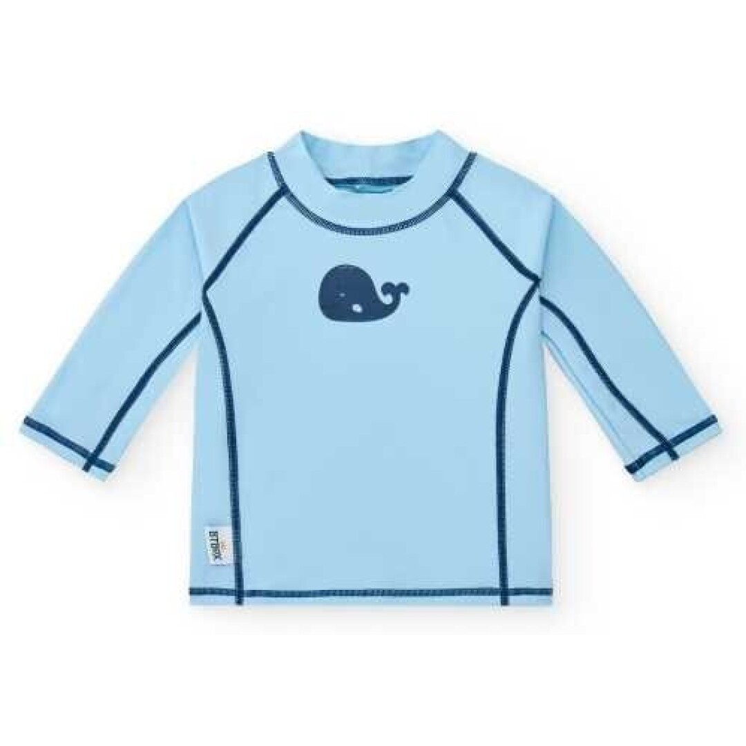 Camisola de criança azul claro com costuras azuis escuras e estampa de baleia