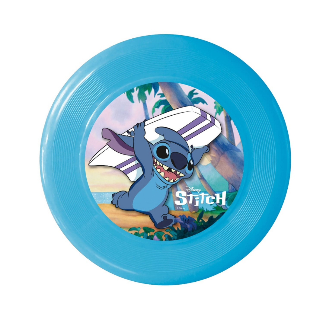 Disco voador azul com imagem de Stitch segurando prancha de surf
