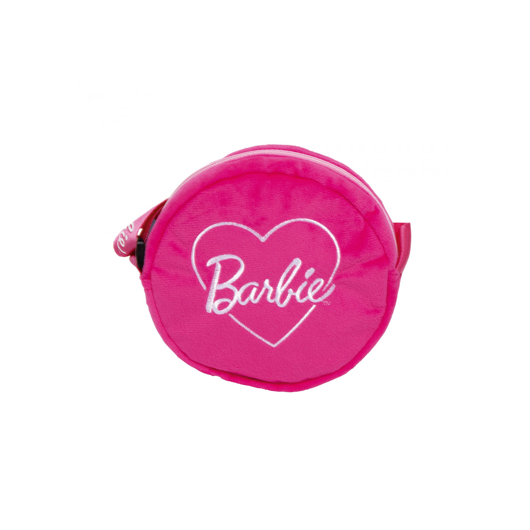 Mala redonda rosa com bordado Barbie em coração branco
