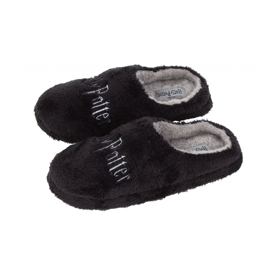 Chinelos pretos de pelúcia Harry Potter com interior cinza