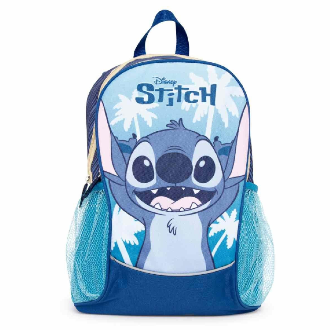 Mochila azul com personagem Stitch da Disney e bolsos laterais de malha