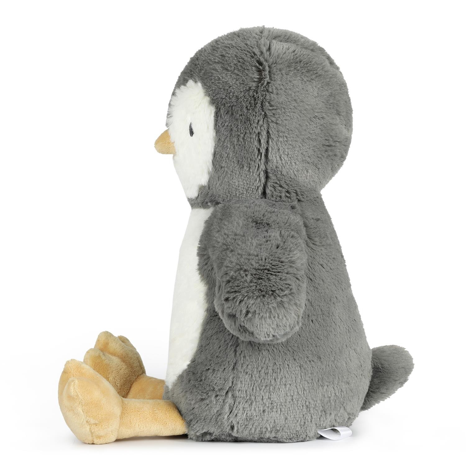 Pelúcia de pinguim cinzento, branco e bege sentado
