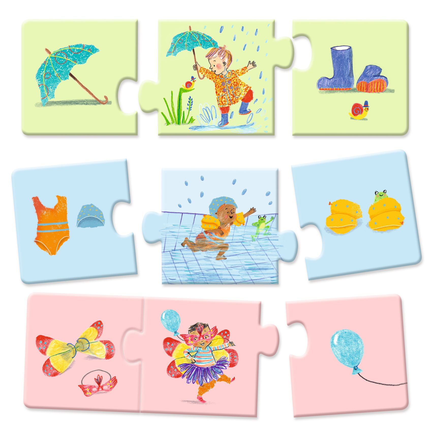Peças de quebra-cabeças ilustrando crianças e acessórios coloridos para chuva e natação.