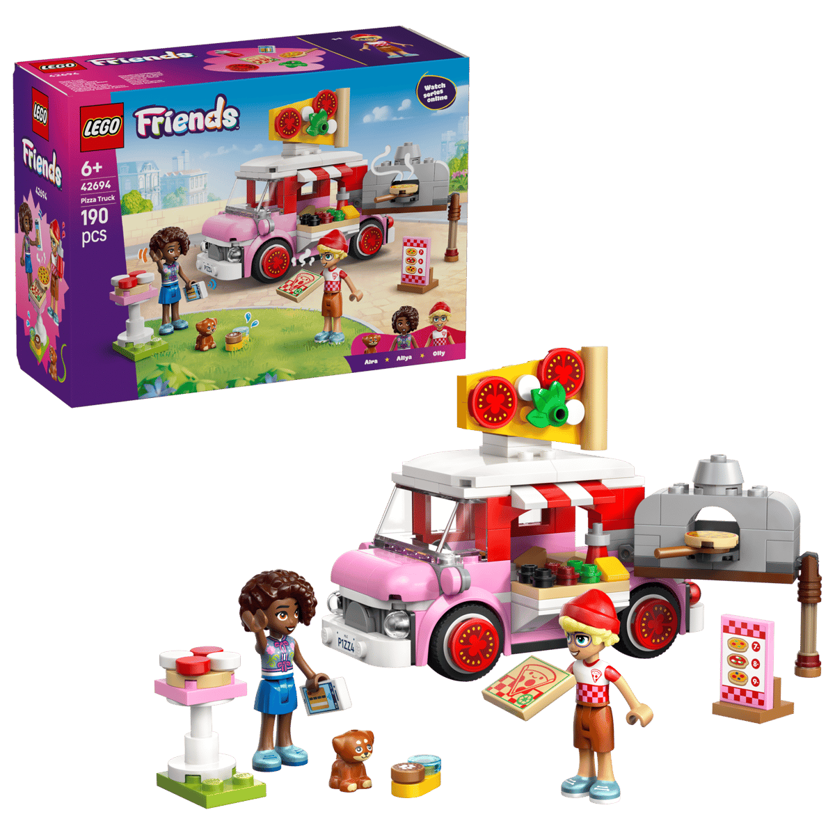 Brinquedo LEGO Friends carrinha de pizza rosa com figuras, acessórios e caixa