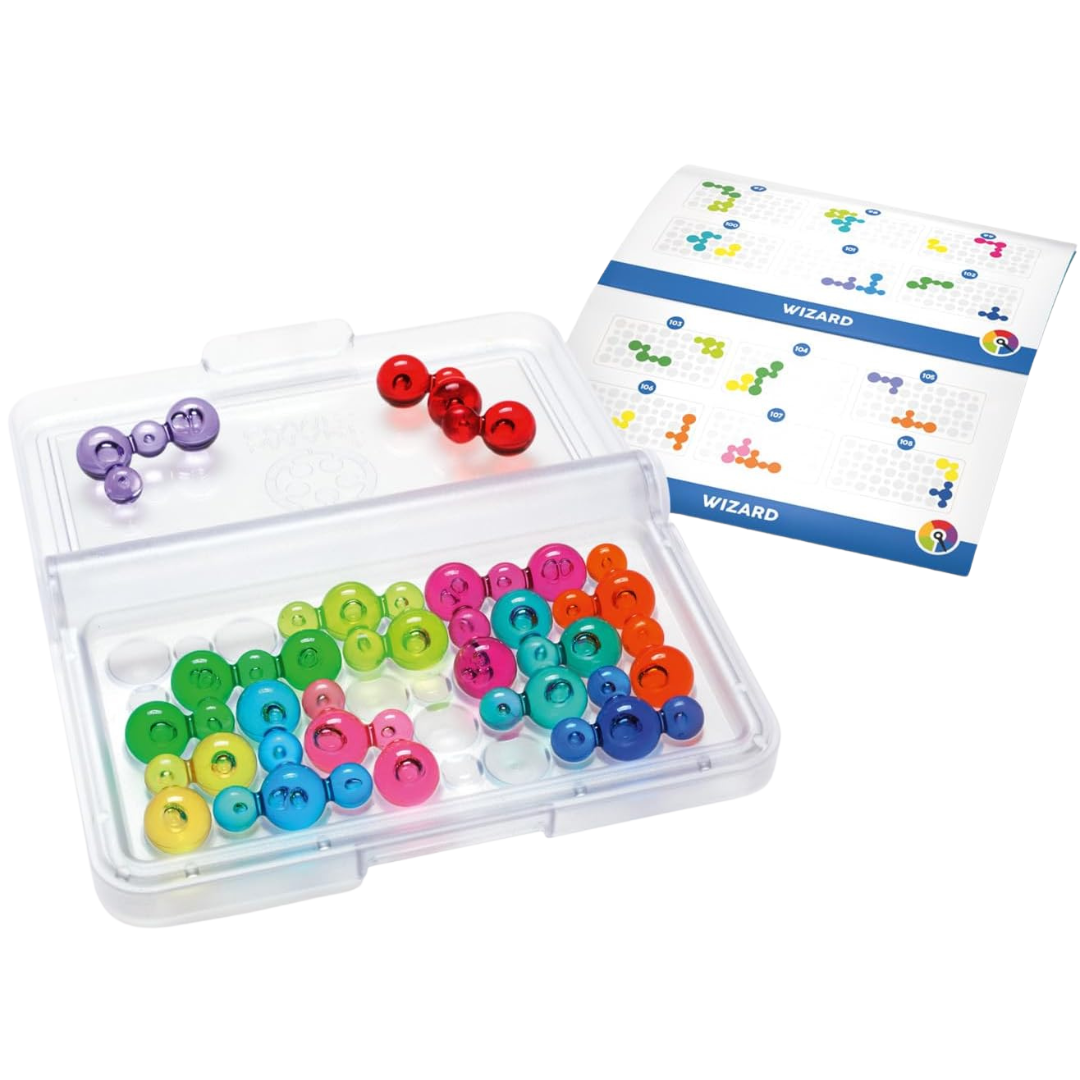 Jogo de lógica com peças plásticas coloridas e tabuleiro com instruções