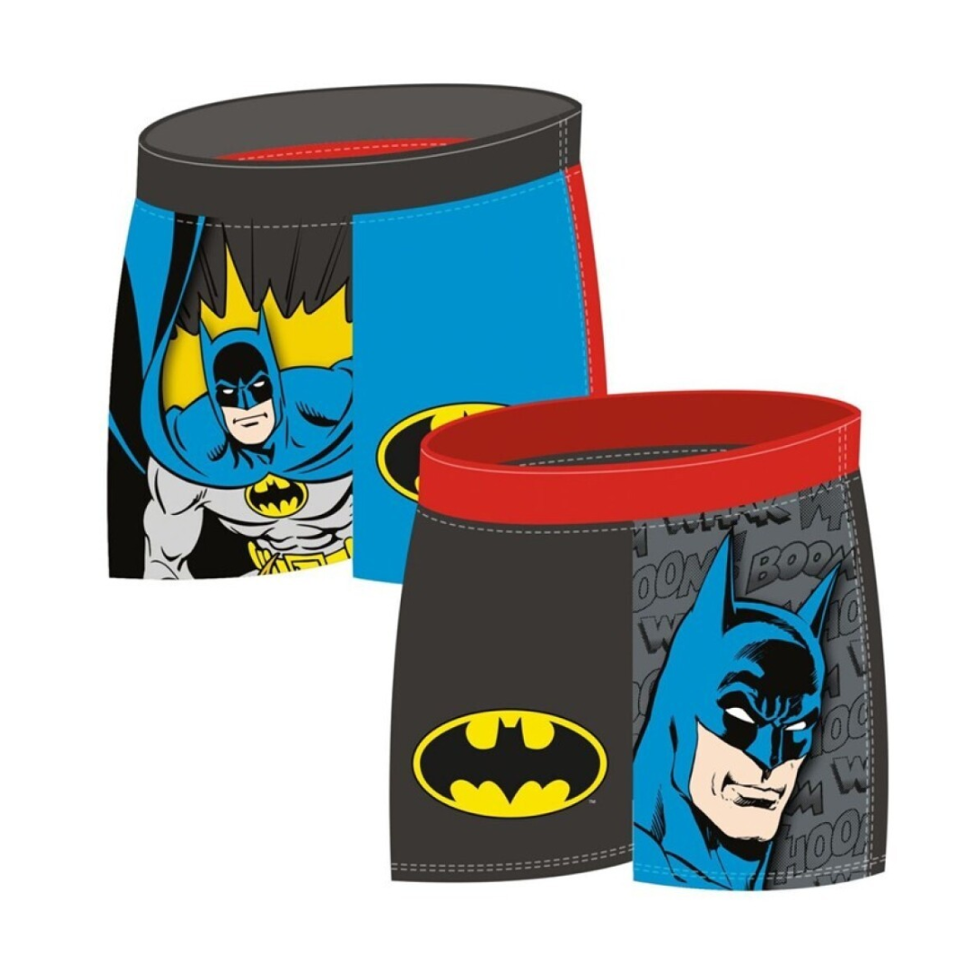 Conjunto de calções de banho infantis com estampas do Batman nas cores azul, vermelho, preto e amarelo