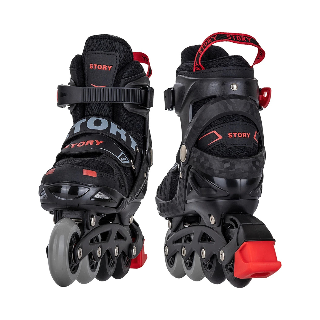 Patins de rodas inline pretos com detalhes vermelhos e cinza e texto STORY.