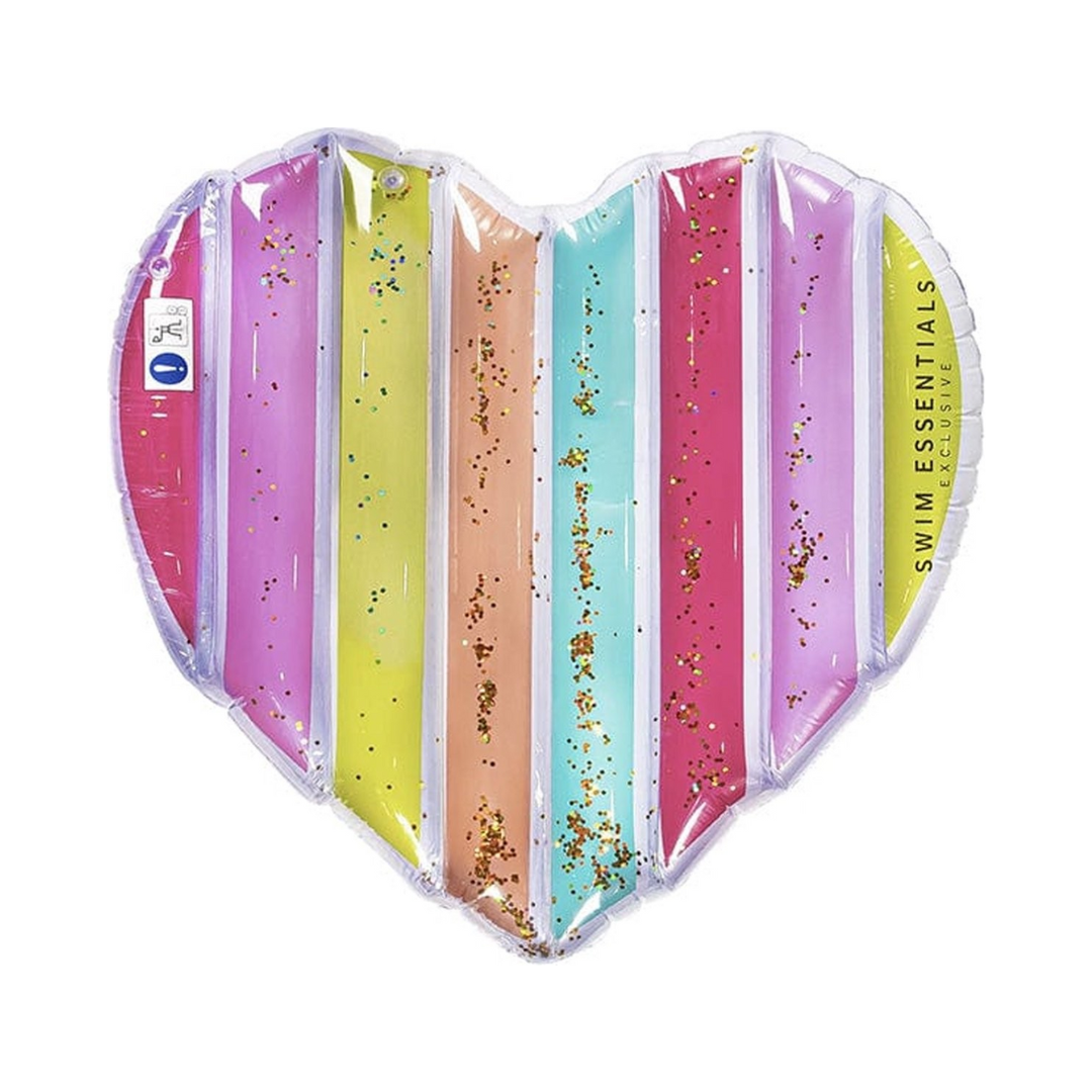 Colchonete insuflável em formato de coração colorido com glitter