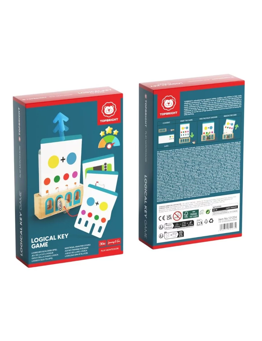 Caixas do jogo lógico LOGICAL KEY GAME da TOPBRIGHT com cartas coloridas e suporte de madeira.