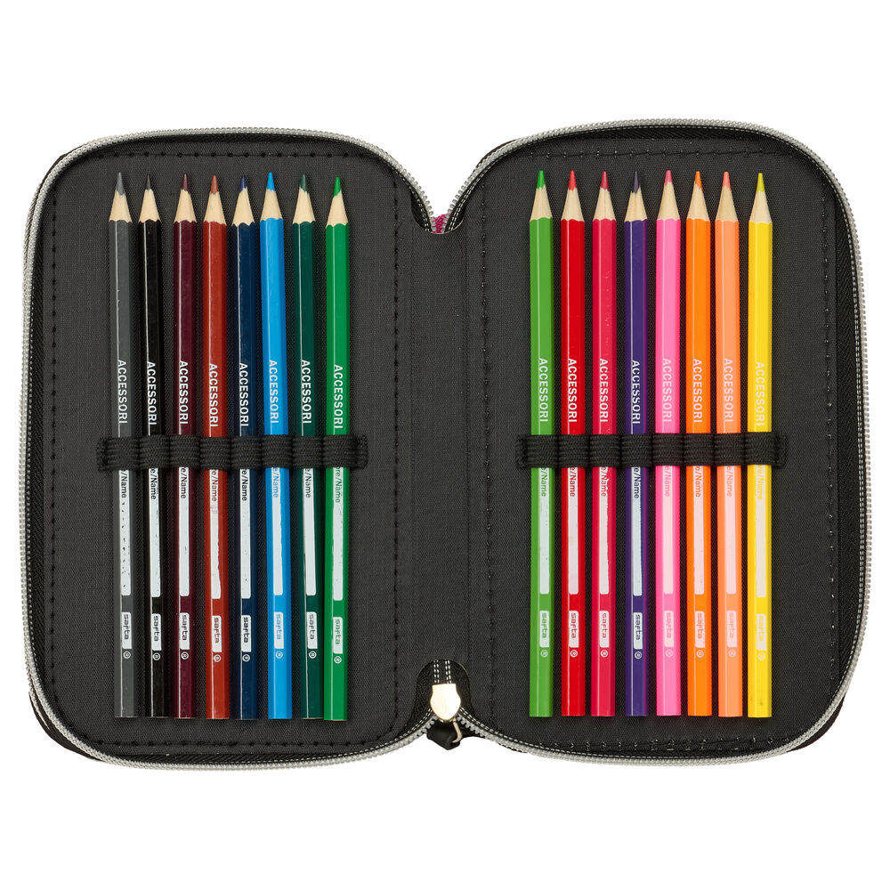 Estojo preto aberto com 18 lápis de cor coloridos dentro