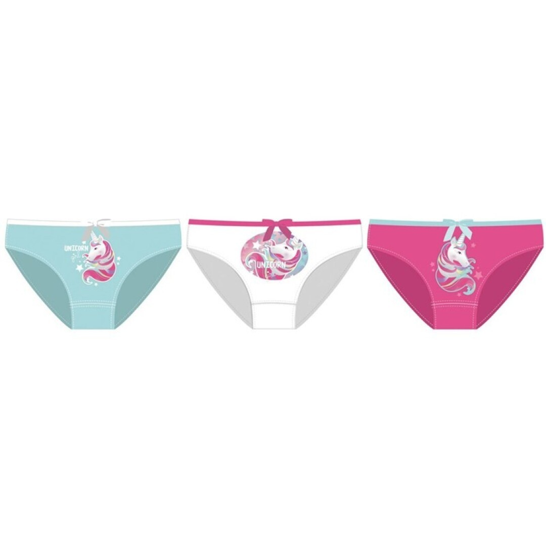 Três cuecas infantis com estampas de unicórnios em azul claro, branco e rosa.
