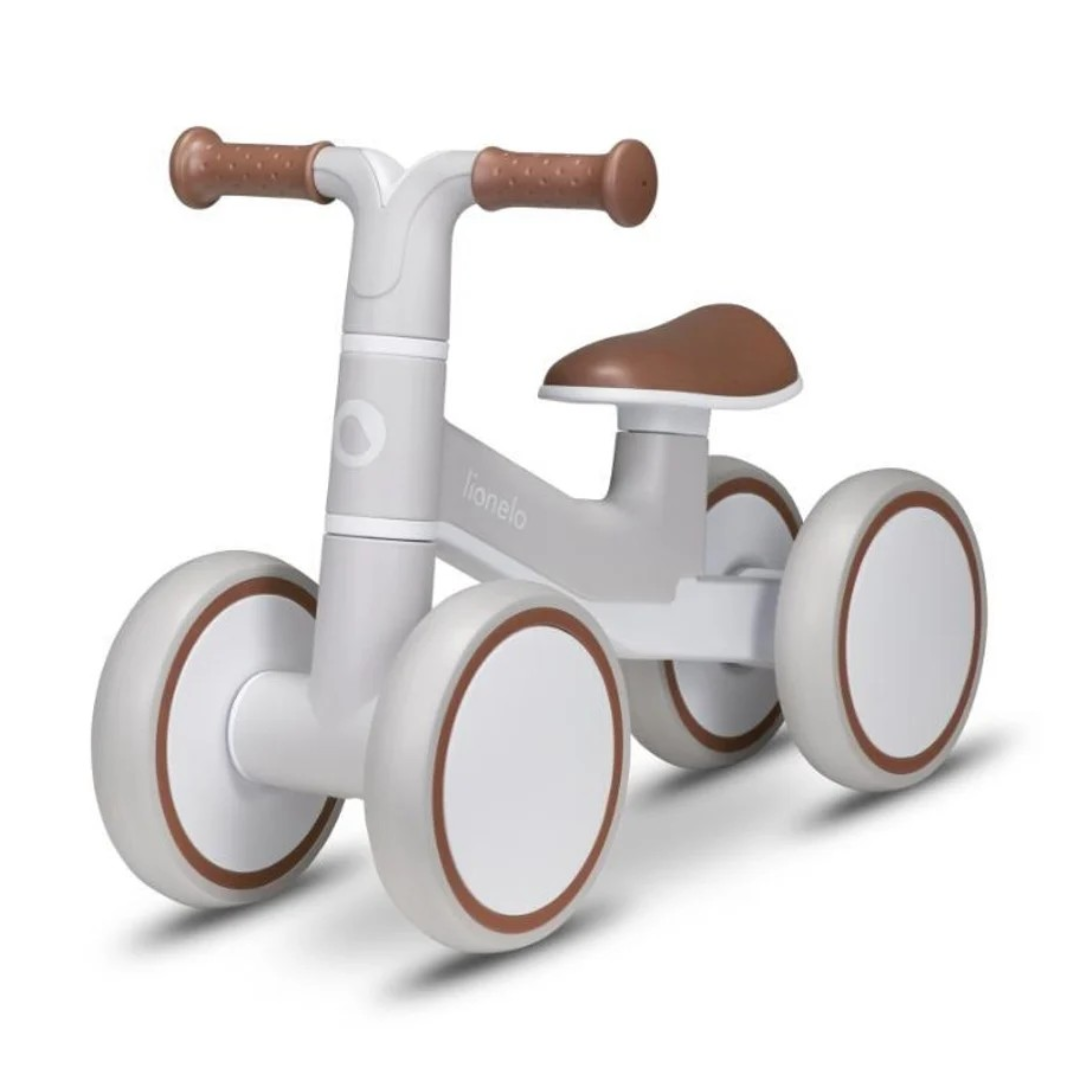 Carrinho infantil de equilíbrio branco com assento e punhos castanhos e quatro rodas