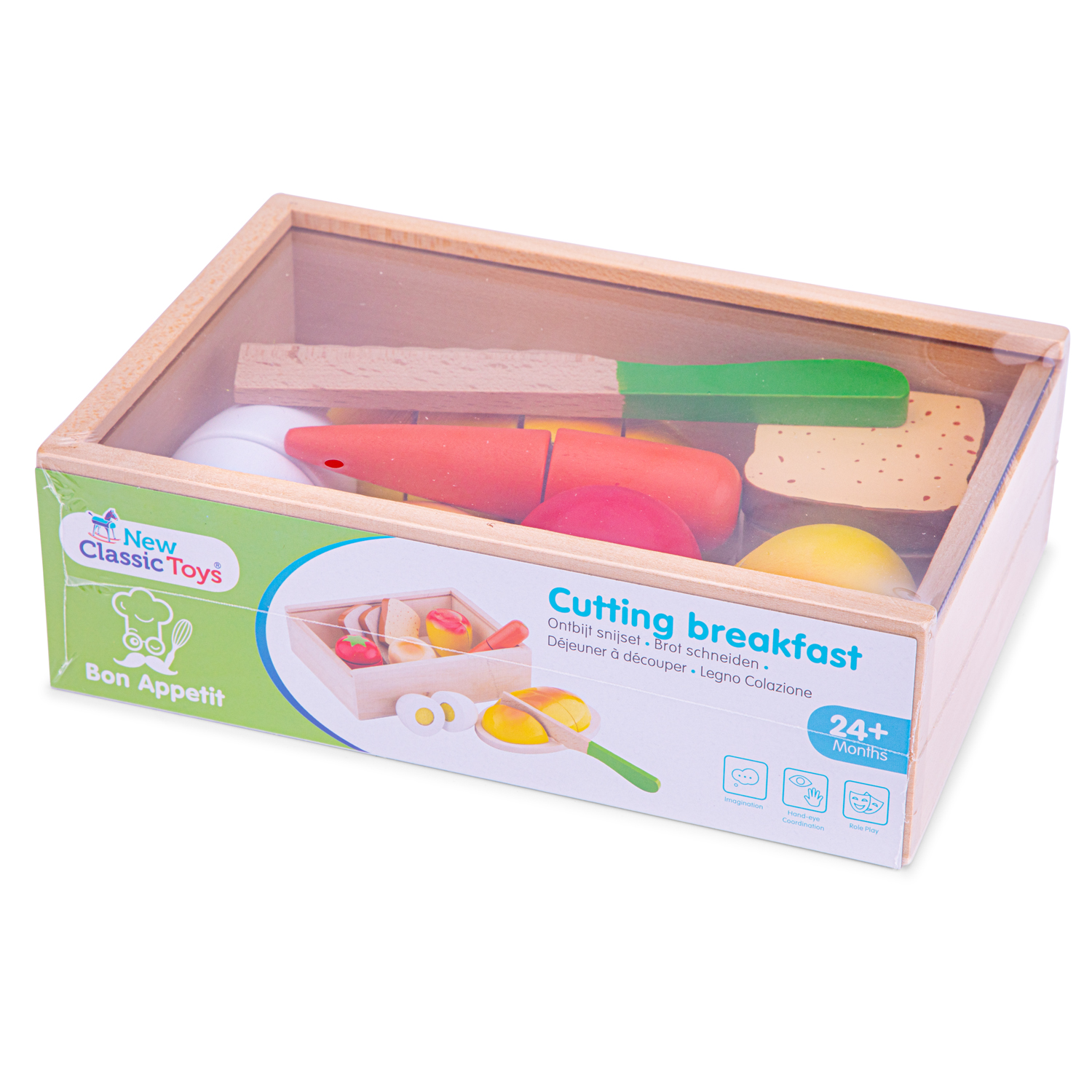 Conjunto de brinquedo de pequeno-almoço de madeira em caixa transparente