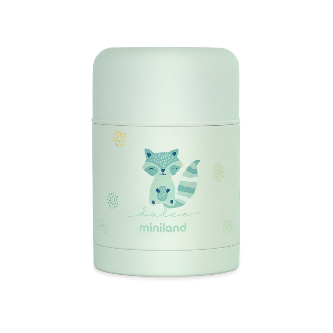 Recipiente térmico cinza claro com guaxinim azul e verde e texto miniland.