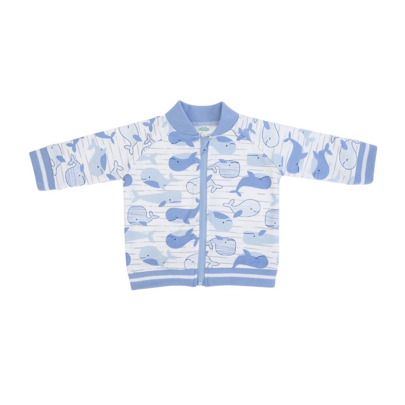 Casaco para bebé azul claro com padrão de baleias azuis e brancas