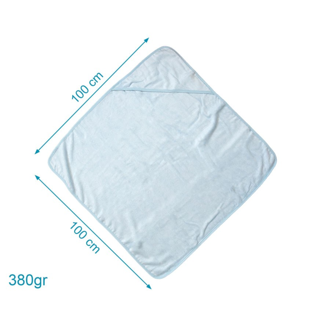 Toalha de banho azul claro para bebé com capuz e dimensões 100x100 cm