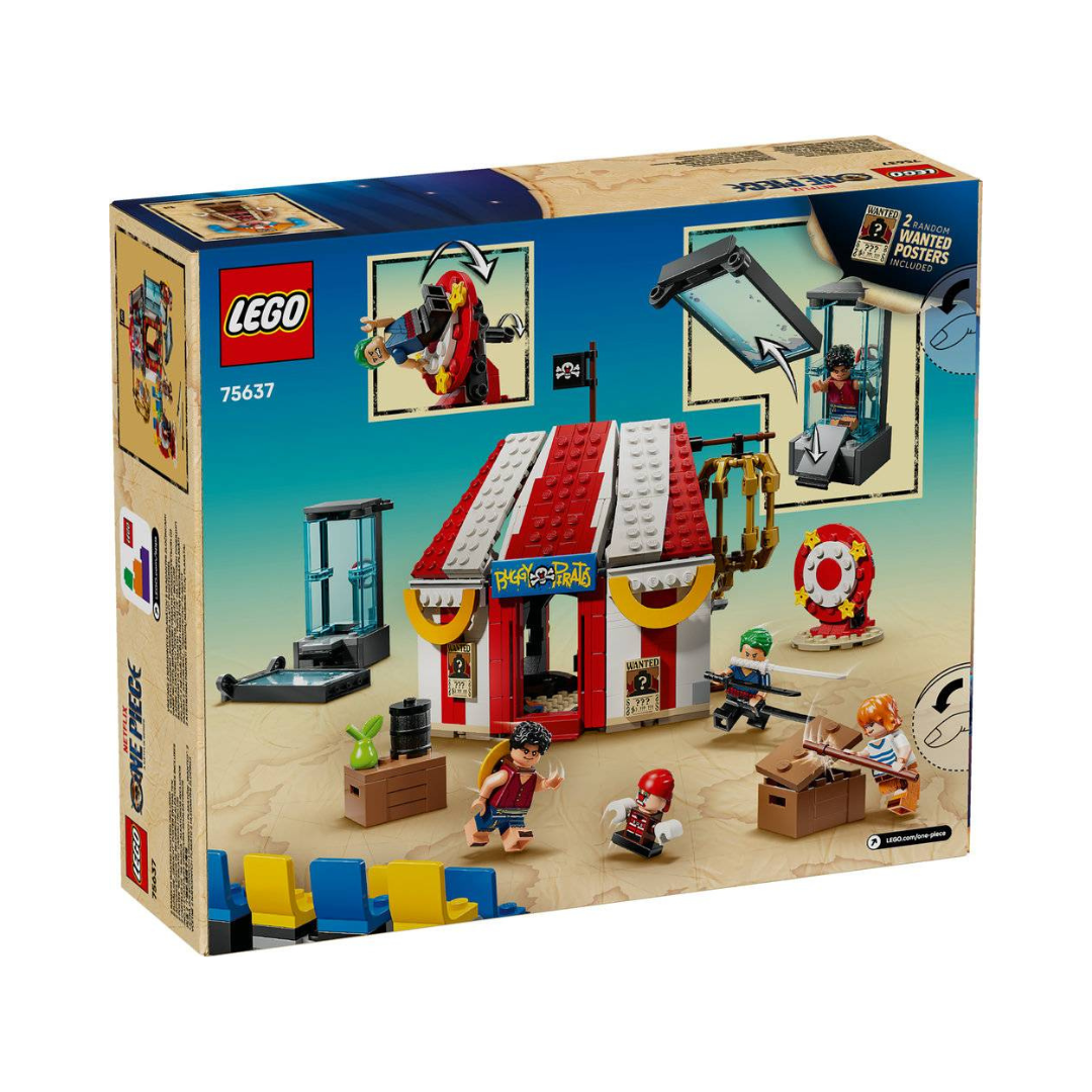 Caixa de conjunto LEGO 75637 com tenda Buggy Pirates e minifiguras em fundo azul.
