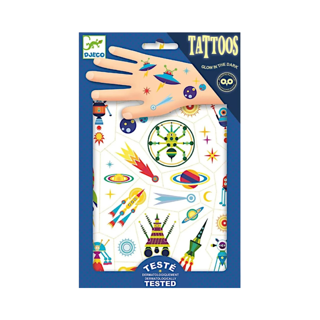 Pacote de tatuagens temporárias temáticas de espaço com diversas imagens coloridas e embalagem azul.