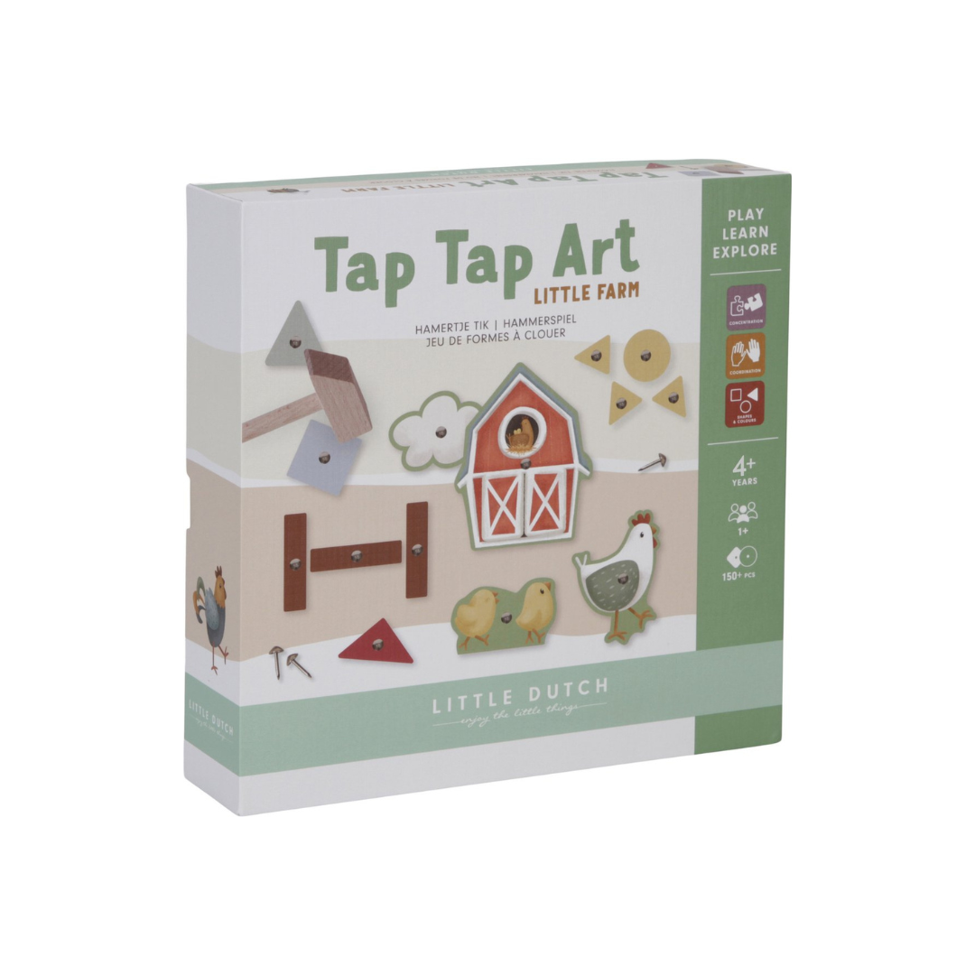 Caixa de brinquedo Tap Tap Art Little Farm com peças de madeira coloridas e martelo