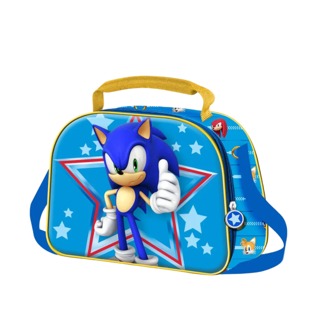Mala azul com imagem do Sonic e estrelas