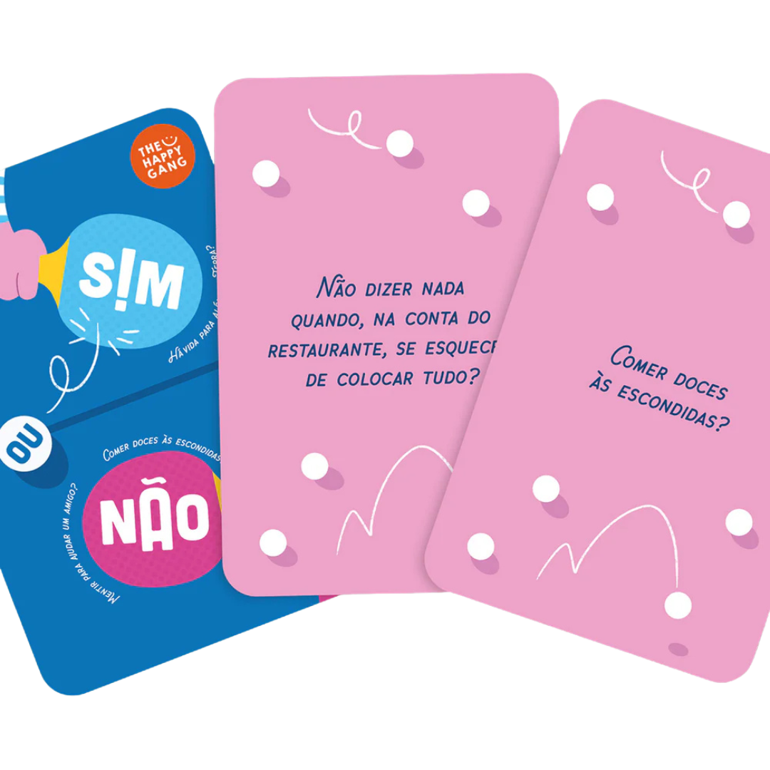 Cartas de jogo coloridas com textos em português e design de balões e pontos