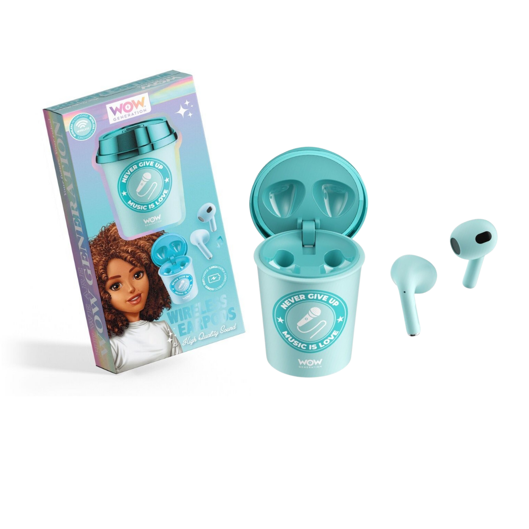 Auriculares sem fios azuis com estojo em forma de copo e embalagem colorida