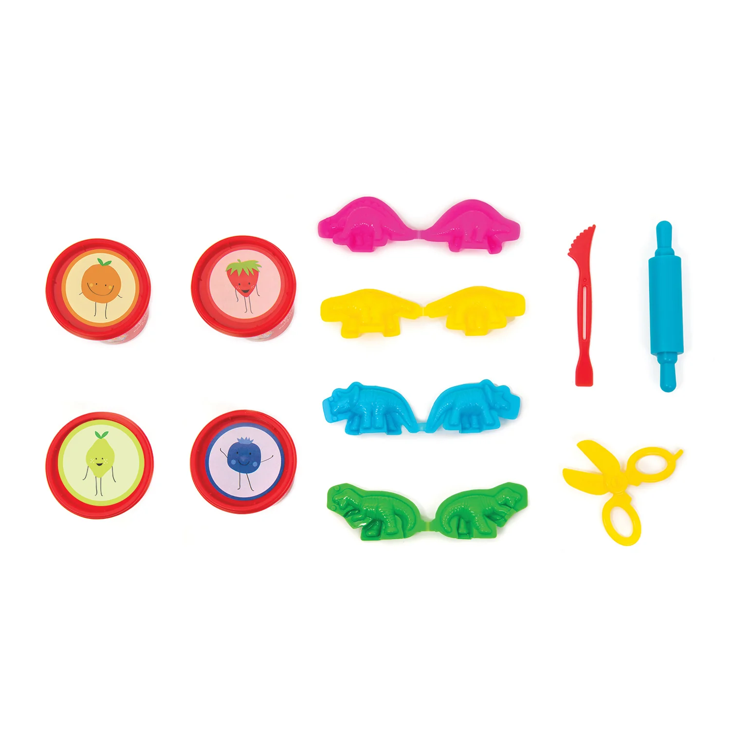 Conjunto de massinha com potes e moldes de dinossauros coloridos e acessórios de plástico