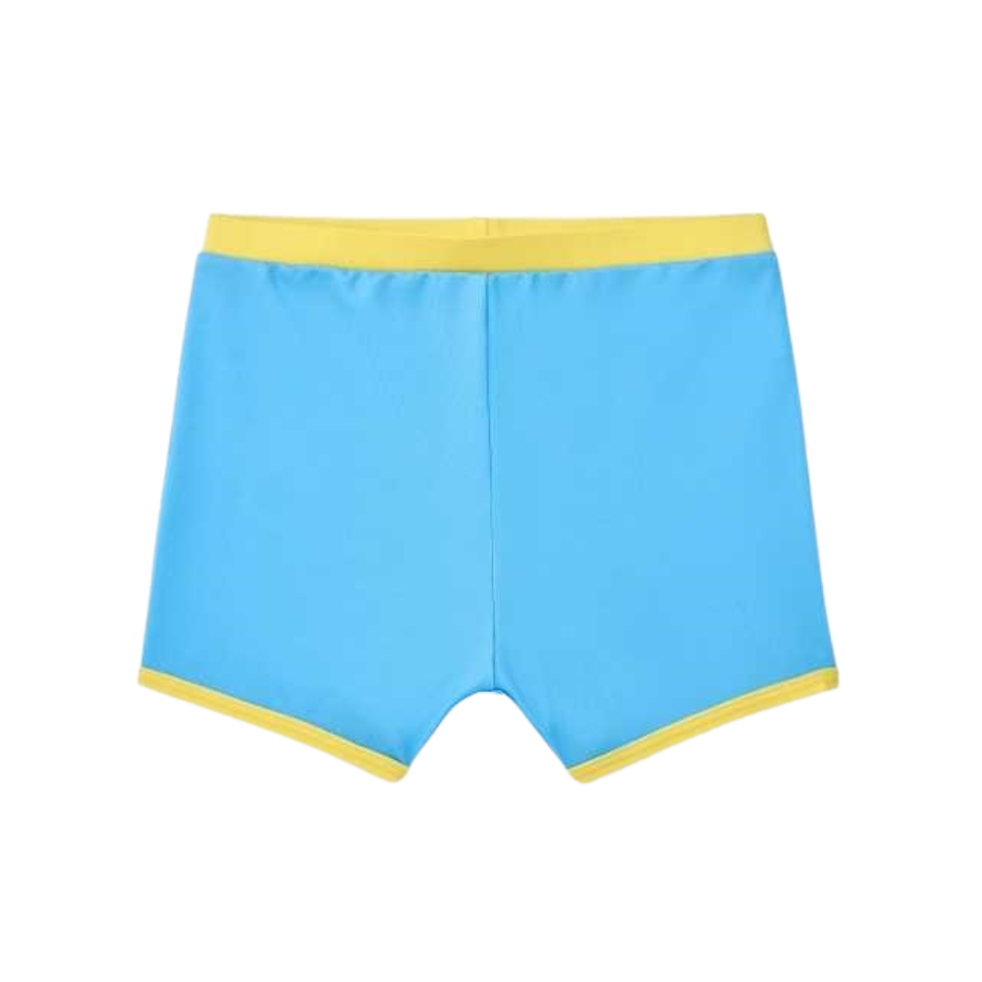 Cuecas azuis com faixa amarela na cintura e bordas