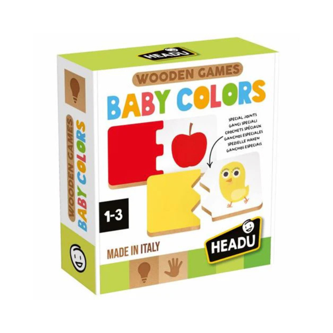 Caixa de jogo de madeira infantil Baby Colors com peças coloridas e imagens de maçã e pintainho