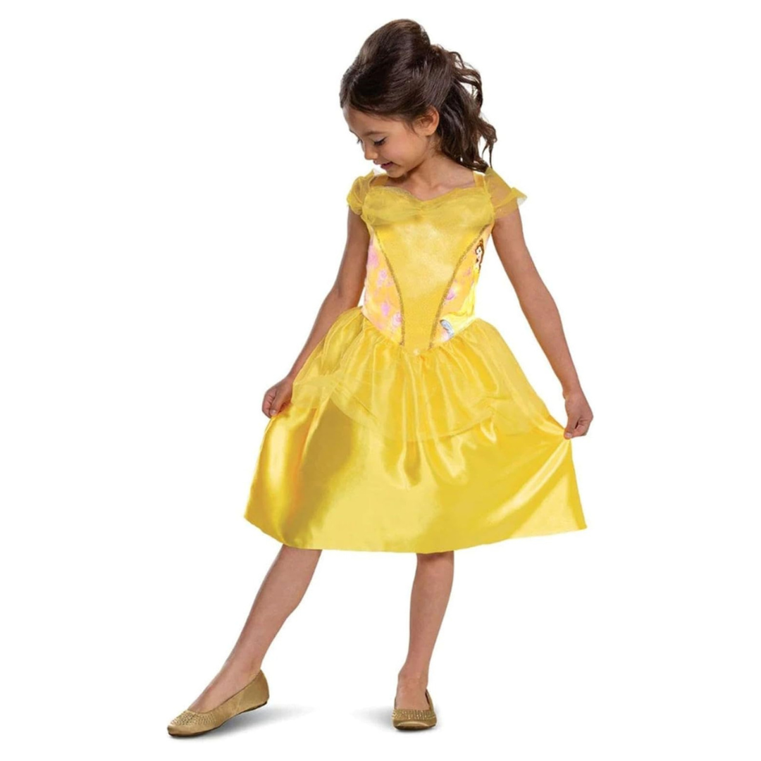 Vestido amarelo de princesa para criança com sapatilhas douradas