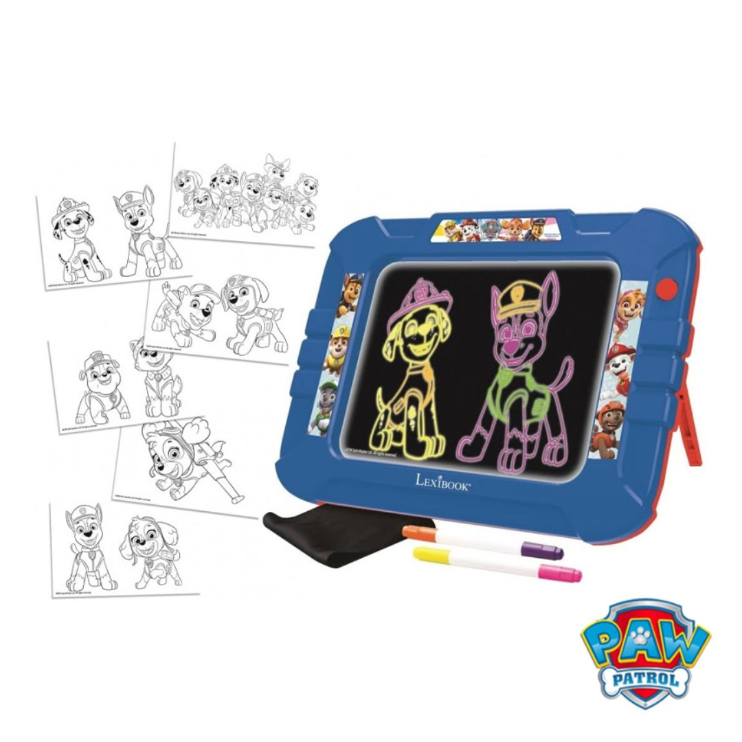 Quadro de desenhos azul Lexibook com personagens Paw Patrol iluminados e folhas para colorir.
