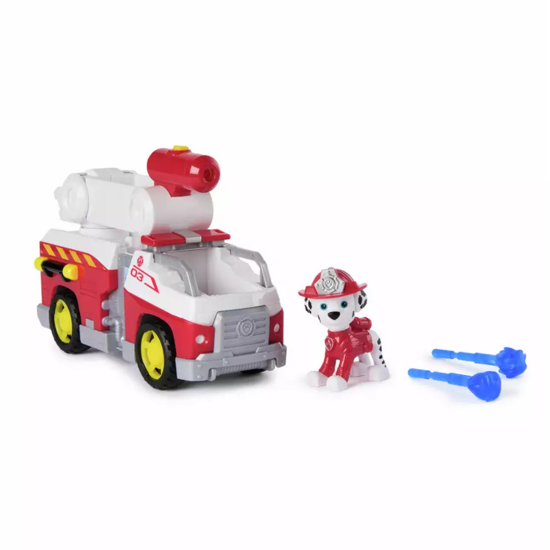 Brinquedo carrinho de bombeiros com figura de cão bombeiro e acessórios azuis