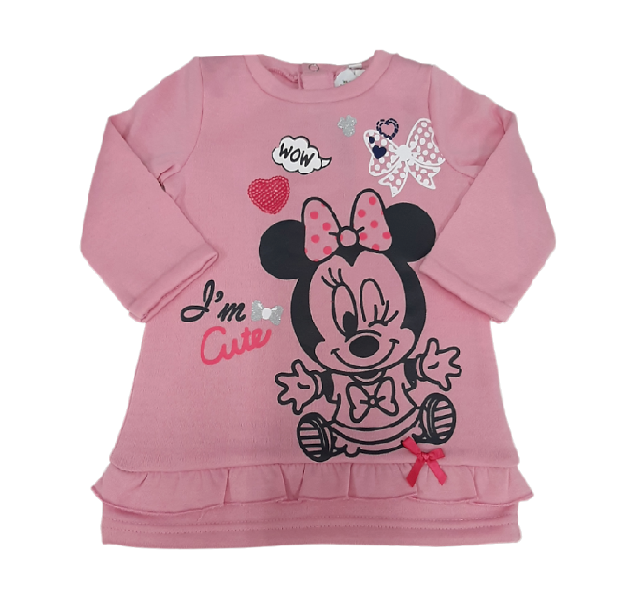 Vestido infantil rosa com estampa da Minnie Mouse e texto 'I'm Cute'