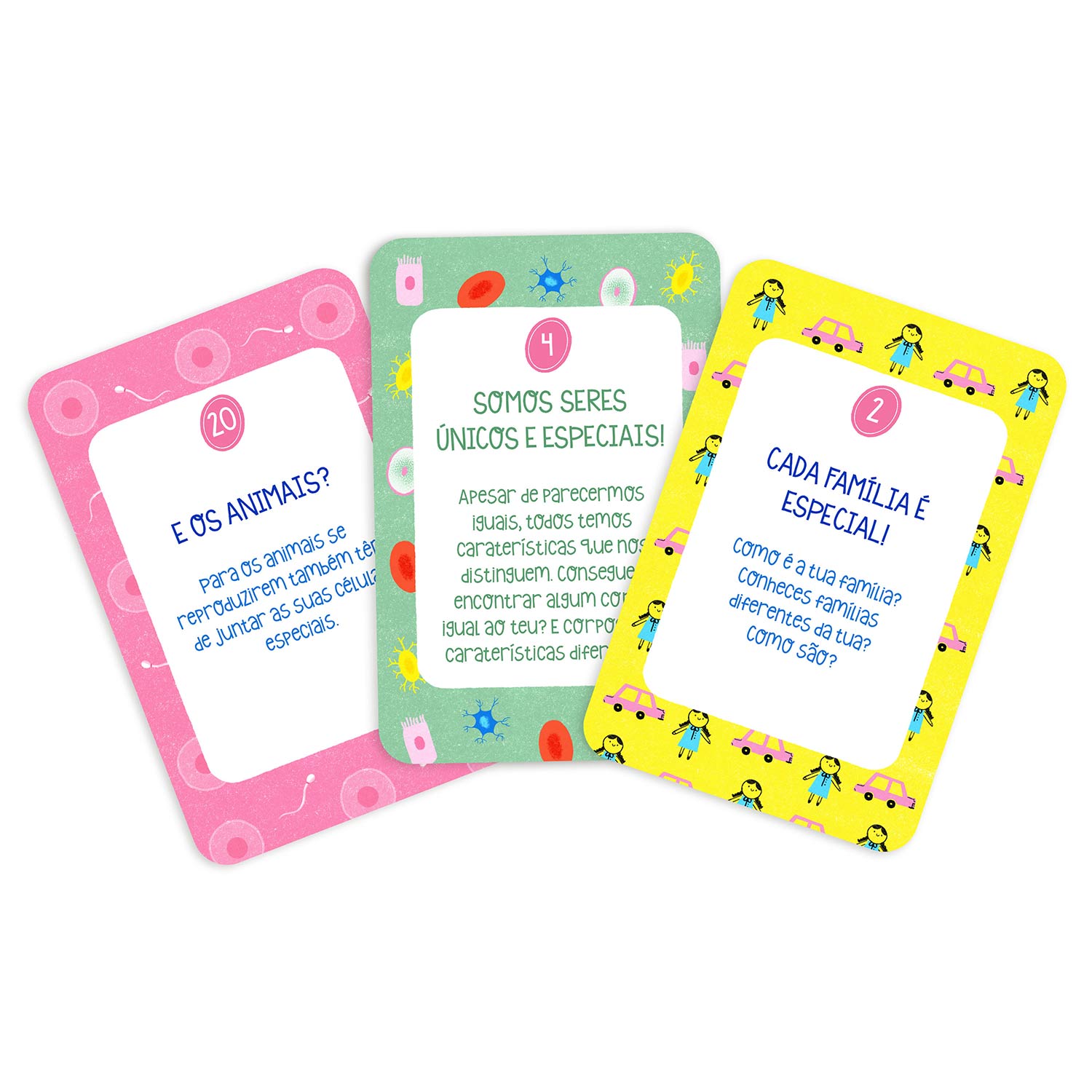 Três cartas educativas coloridas com ilustrações e textos em português sobre família, animais e seres únicos