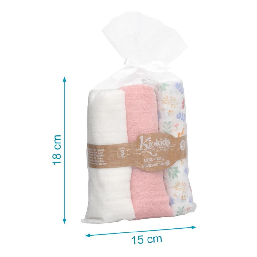 Pack de toalhas muselina para bebé Kiokids em três cores com embalagem transparente